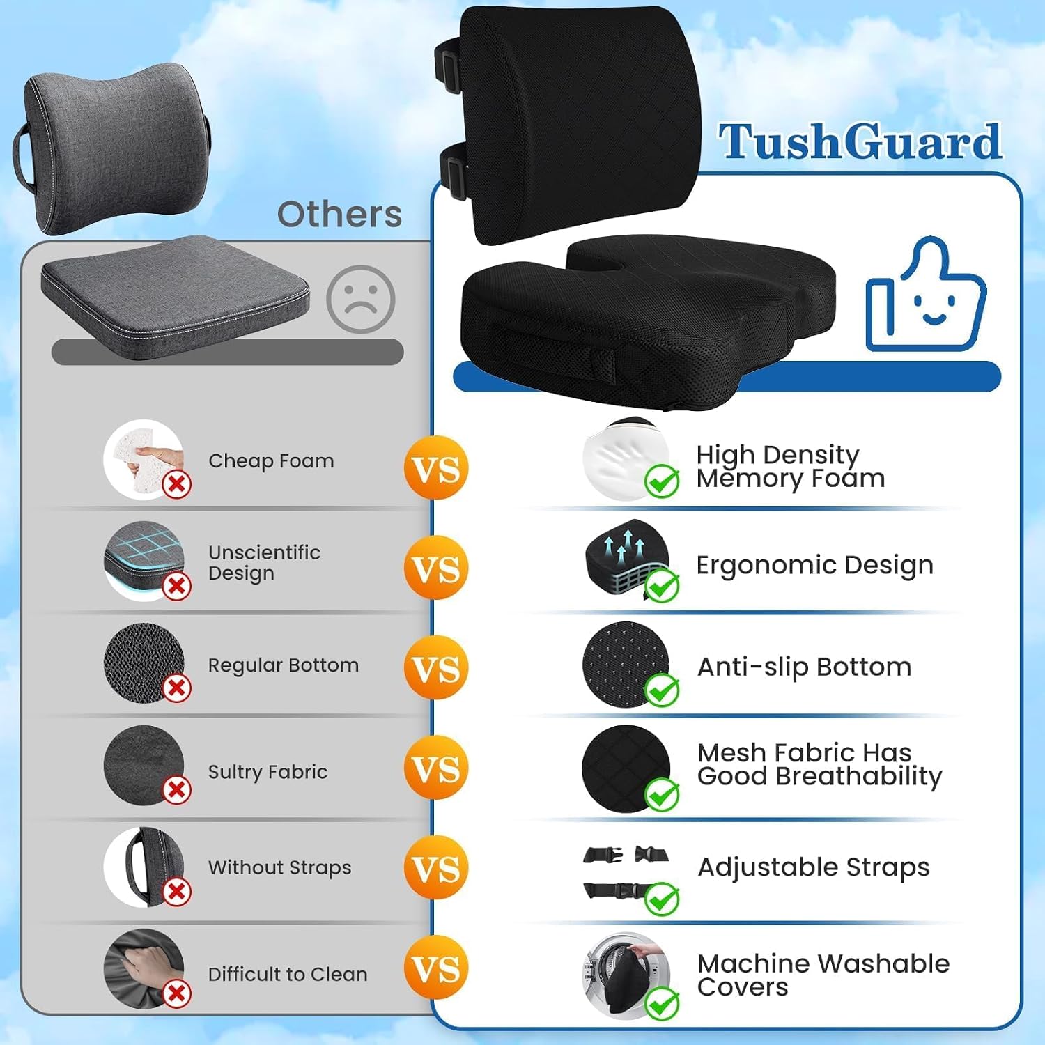 Back&Seat Cushion, Chair Cushions, Lumbar Back Support Pillow, Black/Large