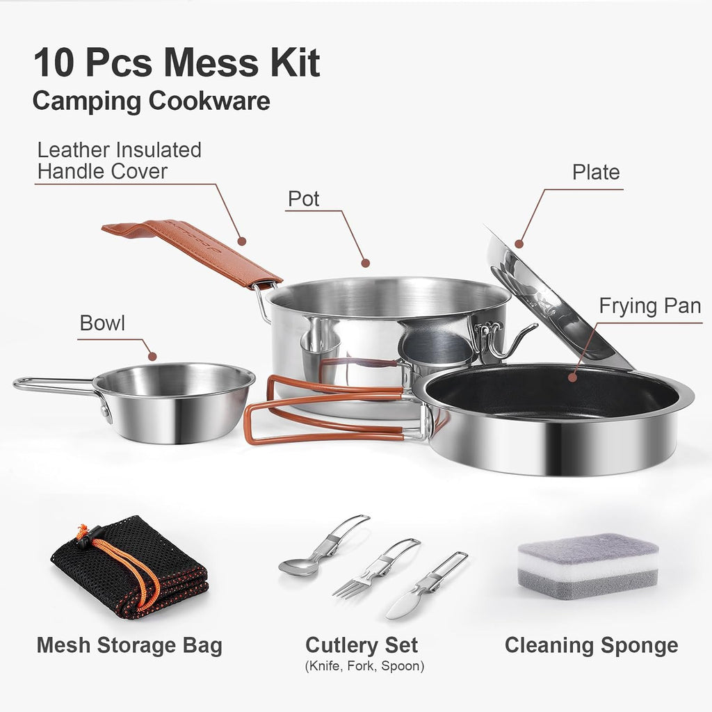 Odoland 10pcs Camping Cookware Stainless Steel Camping Pot and Pan Set with Plate Bowl Fork Knife Spoon for Backpacking, Hiking, Outdoor Cooking and Picnic