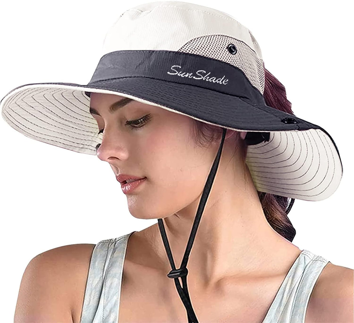 ZOORON Women's Ponytail Safari Sun Hat,Wide Brim UV Protection Bucket Hat