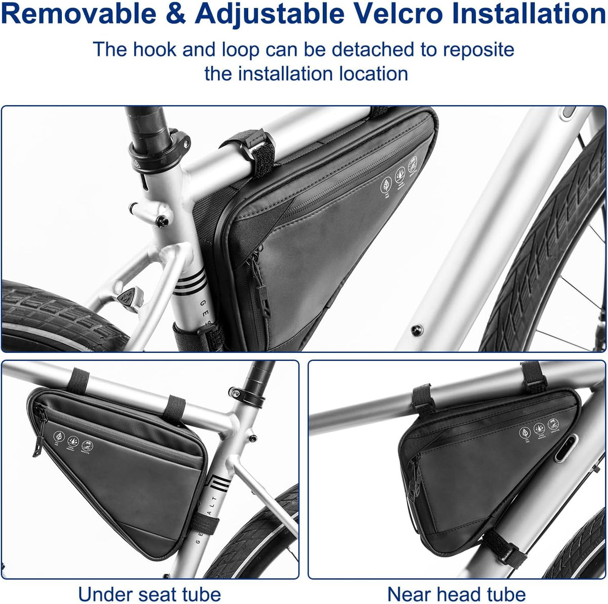 2L Bike Frame Storage Bag with Water Resistant Reflective, Bicycle Storage Pouch with 2 Side Pockets, Strap-On Under Seat Tool Accessories Pouch for Mountain Road Bike, MTB