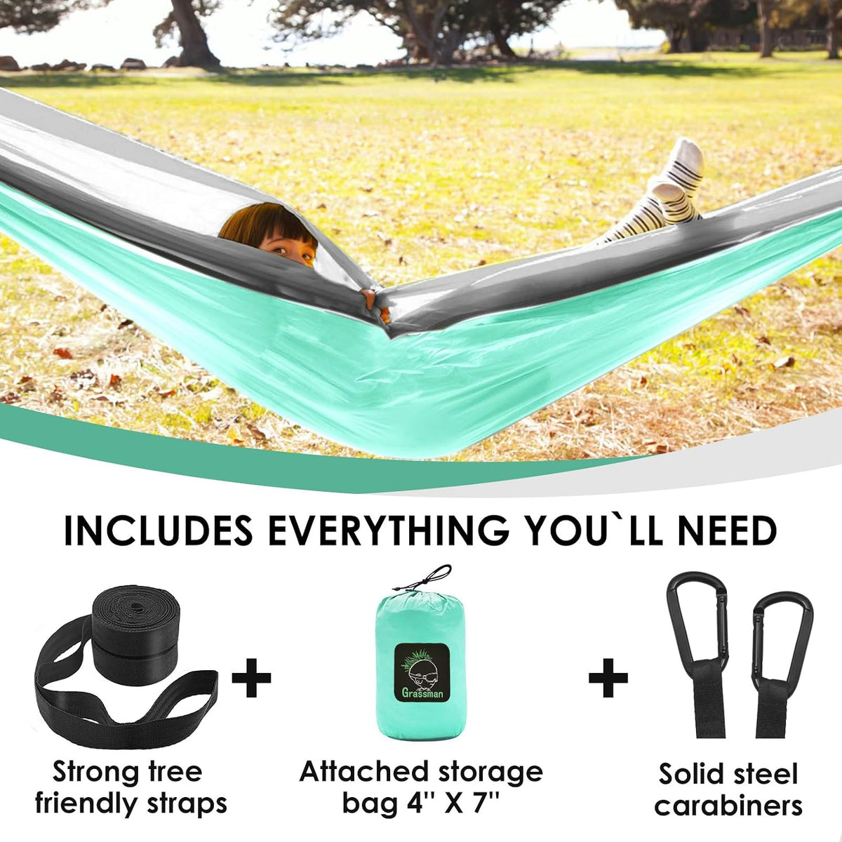 GRASSMAN Kids Hammock-Small Camping hammocks, Portable Camping Gear for Child Indoor/Outdoor use, with Tree Straps & Carabiners Green & Grey