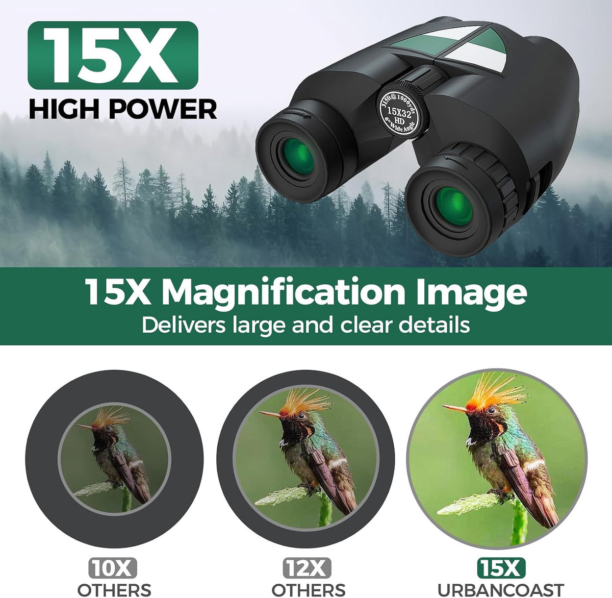 15x32 Compact Binoculars for Adults High Power with Phone Adapter