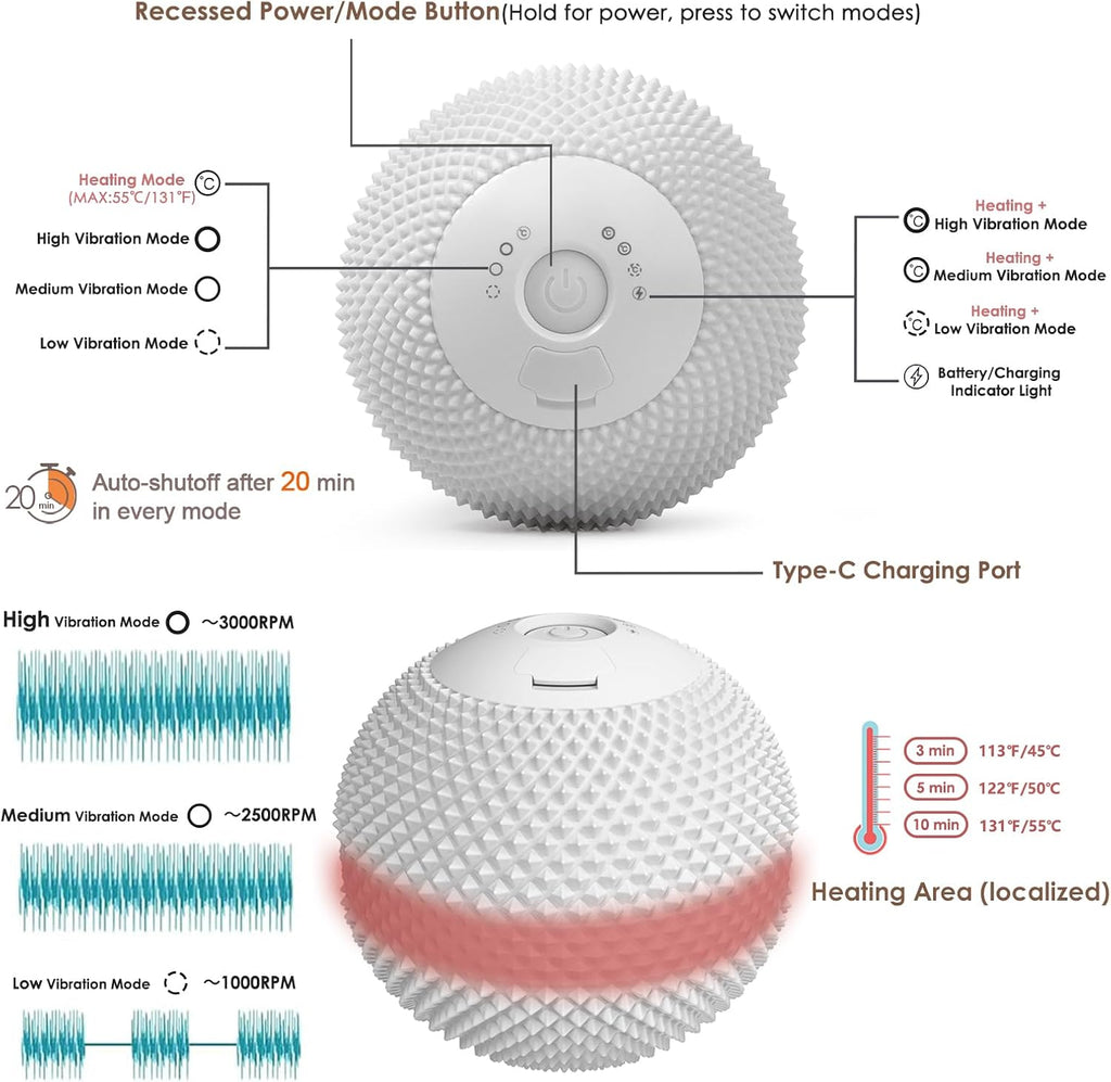 Heating Vibrating Massage Ball with 7 Modes & Memory Function