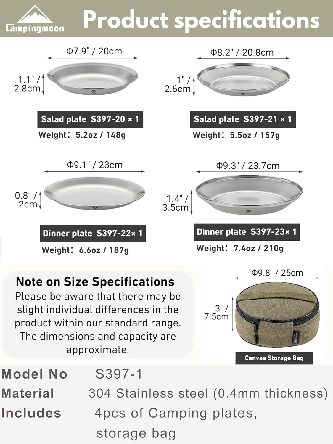 CAMPINGMOON Camping Plates 4 pack set Salad Side Dinner Plate Dishes Outdoor Tableware Stainless Steel with Canvas Case S397-1S