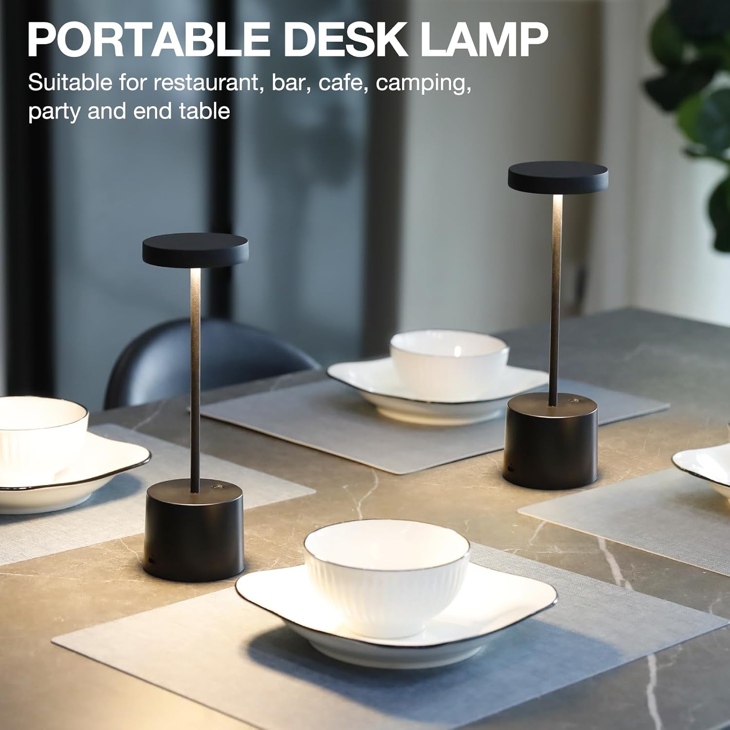 Cordless Rechargeable Table Lamp, 4000mAh Battery Operated, Black, 2 Pack