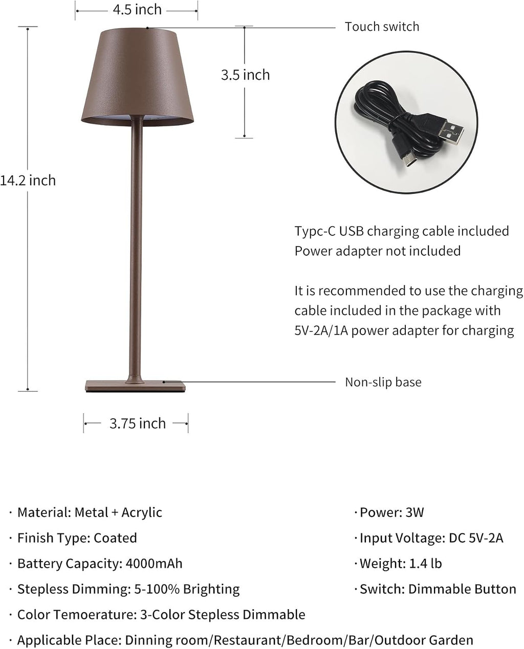 KDG 2 Pack Cordless Brown Table Lamps, Rechargeable Portable LED Desk Lamps