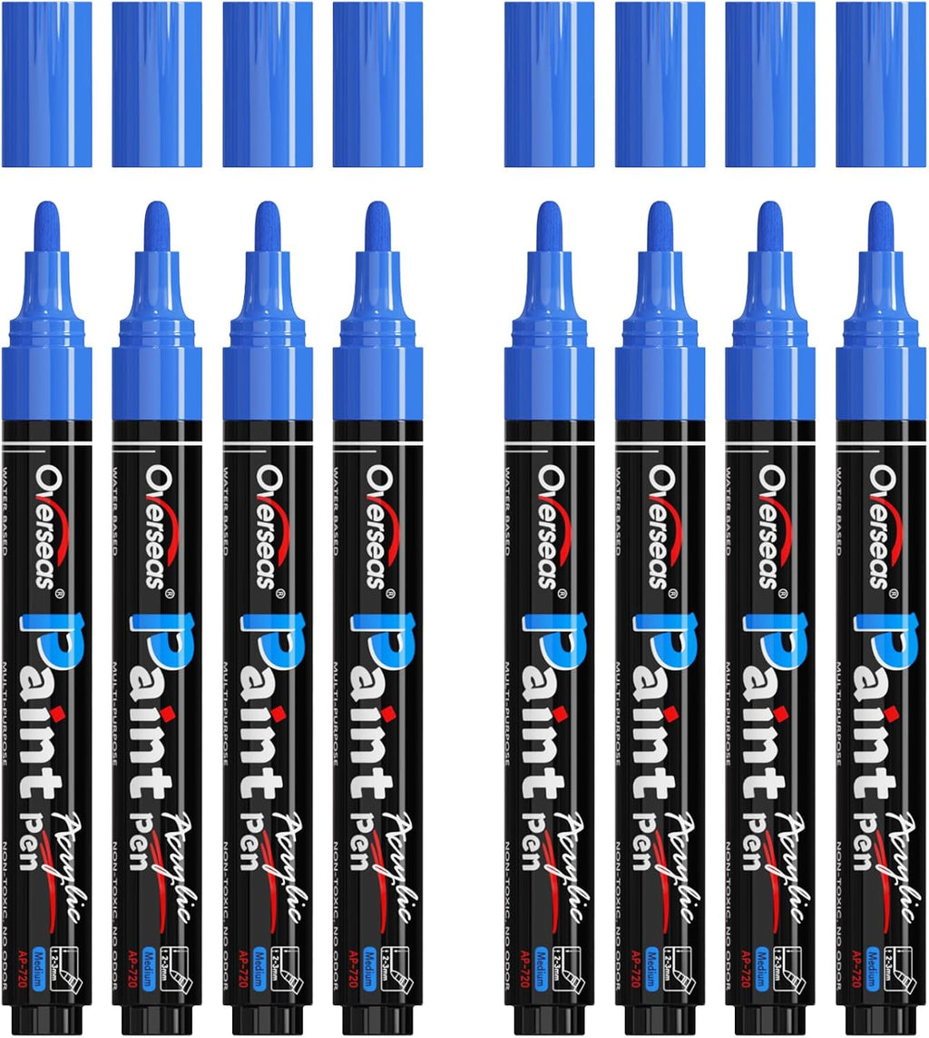 Overseas Blue Acrylic Paint Markers 8 Pack, Medium Tip Paint Pens