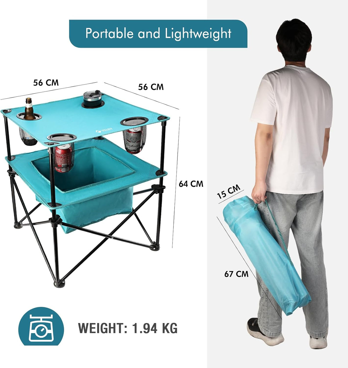 VILLEY Folding Camping Table, Double-Layer Beach Table with Storage