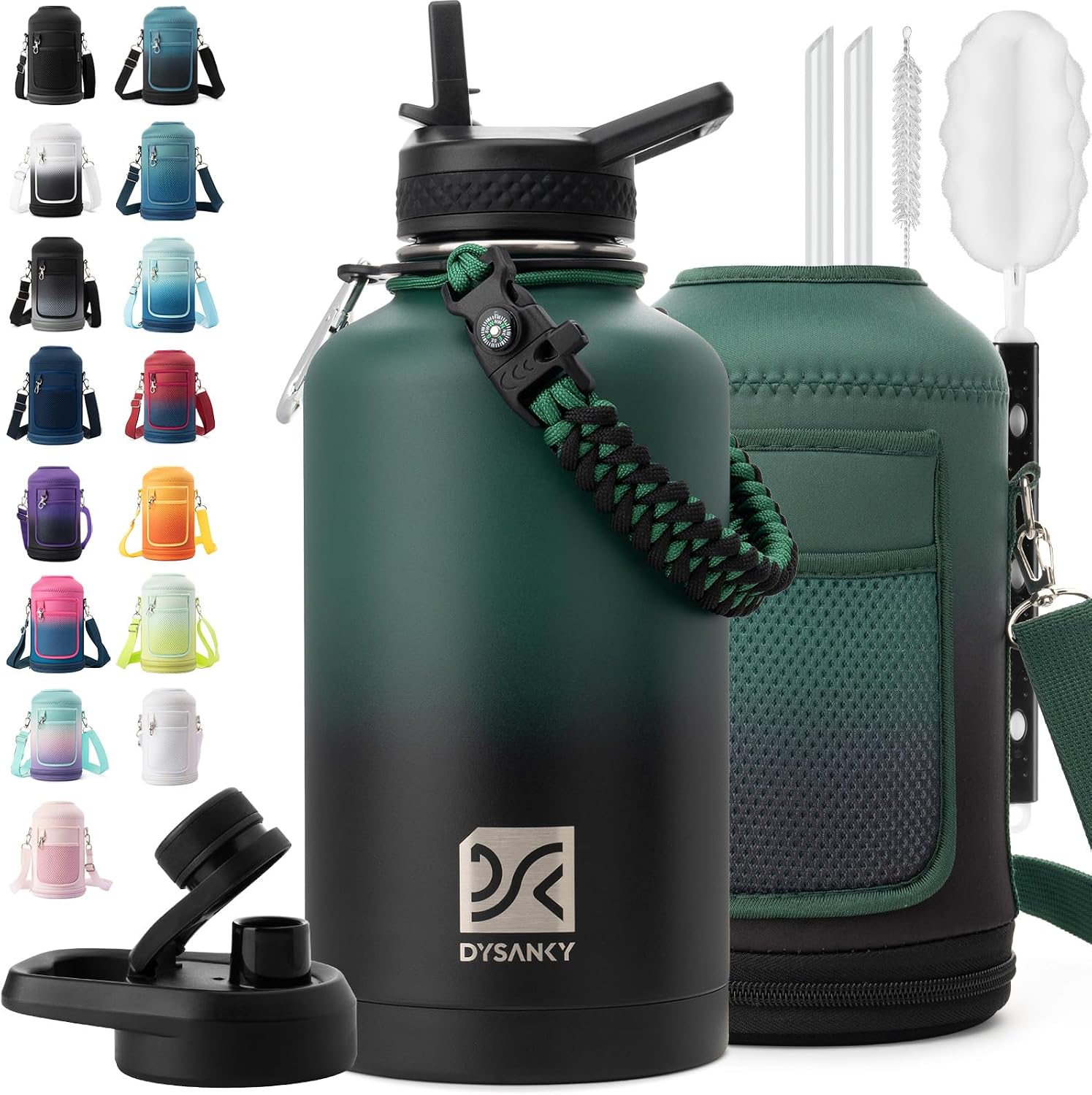 DYSANKY Insulated Water Bottle w/Straw Lid & Portable Carrier Bag, 64oz
