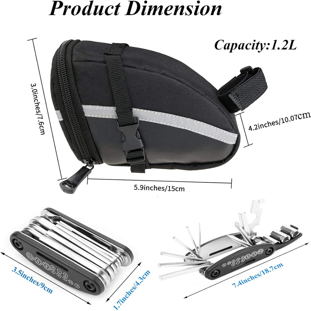Bike Saddle Bag with Repair Tool Kits, Bicycle Saddle Bag with Repair Set, Bike Bag Under Seat, Bike Seat Bag, Bike Storage Bag with 16-in-1 Multifunction Tool Kits