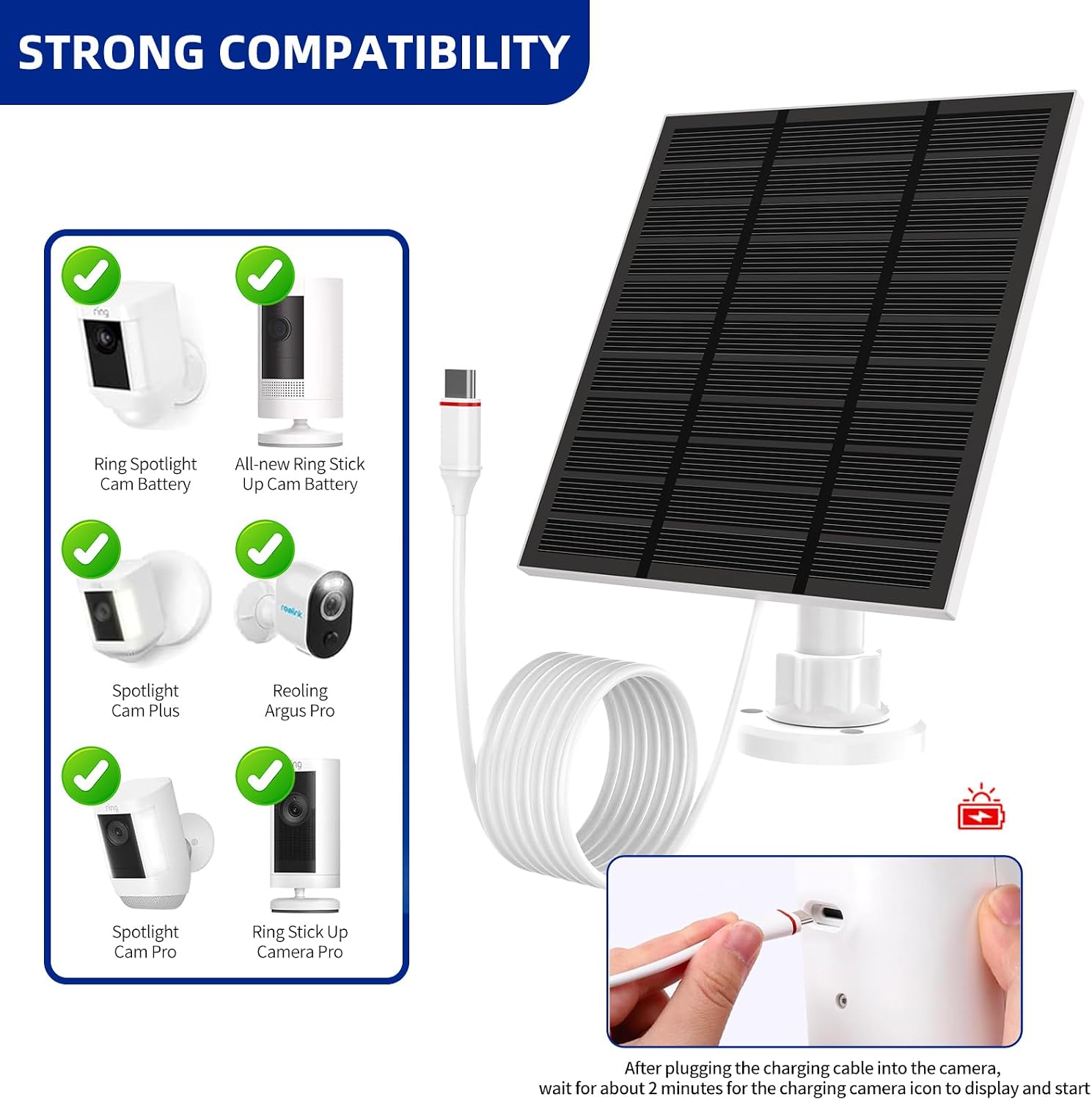 Solar Panels for Camera Outdoor Wireless (New Generation) 5W 5V Solar Panel Charger with USB-C&Plug for Spotlight Cam Plus&Stick Up Cam Pro.Waterproof IP65 360°Adjustable 10FT Cable (White, 2)
