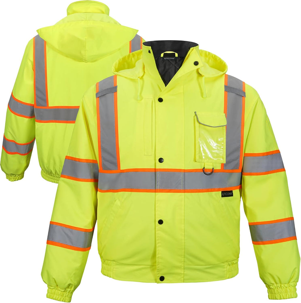 TICONN Hi Vis Safety Bomber Jacket, Fleece-Lined Waterproof ANSI Class 3