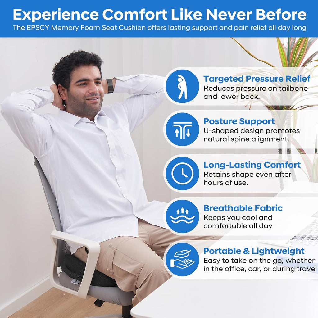 EPSCY Memory Foam U-Shaped Cushion for Coccyx, Hemorrhoid, Sciatica & Tailbone Pain Relief - Pressure Reducing Seat Cushion with Removable Cover - Postpartum Pillow for Office Chair, Wheelchair, Black
