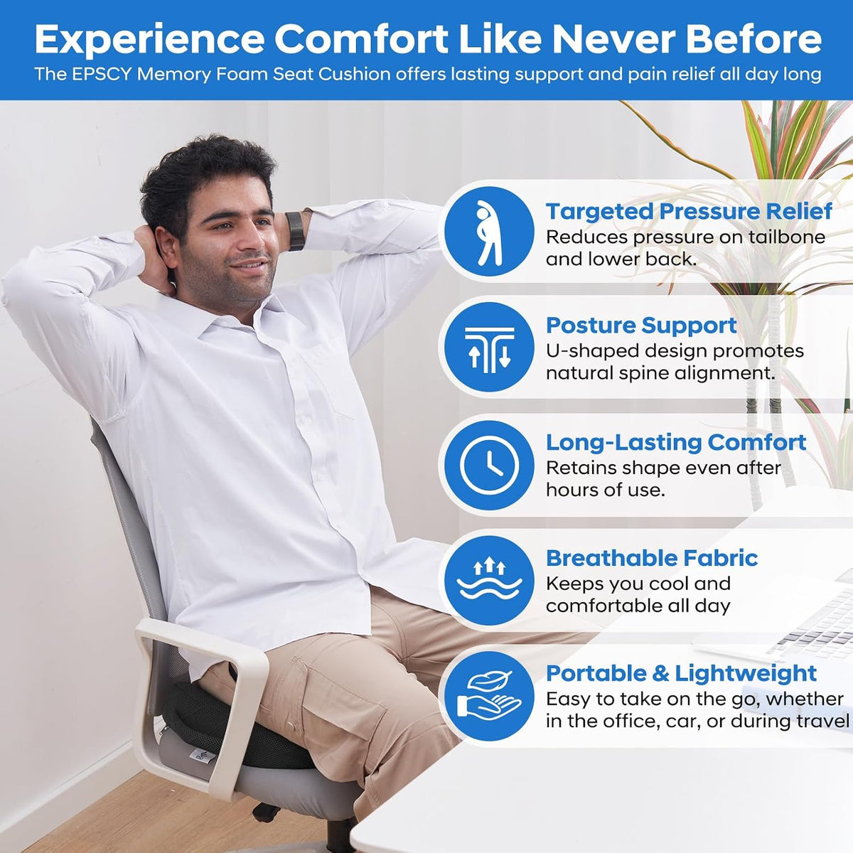 EPSCY Memory Foam U-Shaped Cushion for Coccyx, Hemorrhoid, Sciatica & Tailbone Pain Relief - Pressure Reducing Seat Cushion with Removable Cover - Postpartum Pillow for Office Chair, Wheelchair, Black