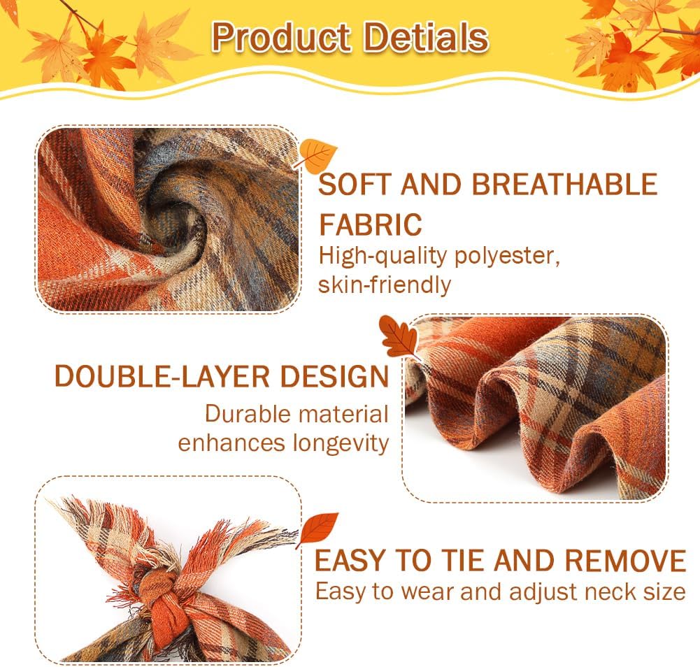 Vivifying Fall Dog Bandanas, 2 Pack Halloween Classic Plaid Dog Scarf with Tassels Edges, Funny Pet Apparel & Accessories Costume for Thanksgiving, Photo Prop, and Party Decor (X-Large, Yellow&Orange)