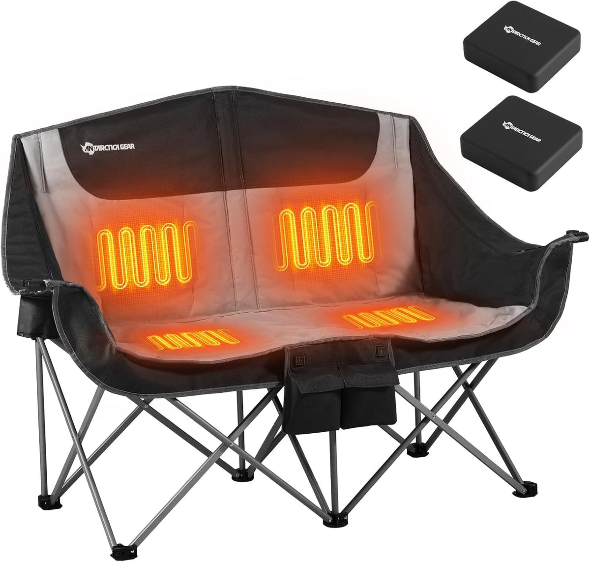ANTARCTICA GEAR Heated Double Camping Chair with 12V 15000mAh Battery Pack - Heavy-Duty XL Folding Bench for Outdoor, Campsites, Tailgating - Portable Heated Seating with Adjustable Warmth
