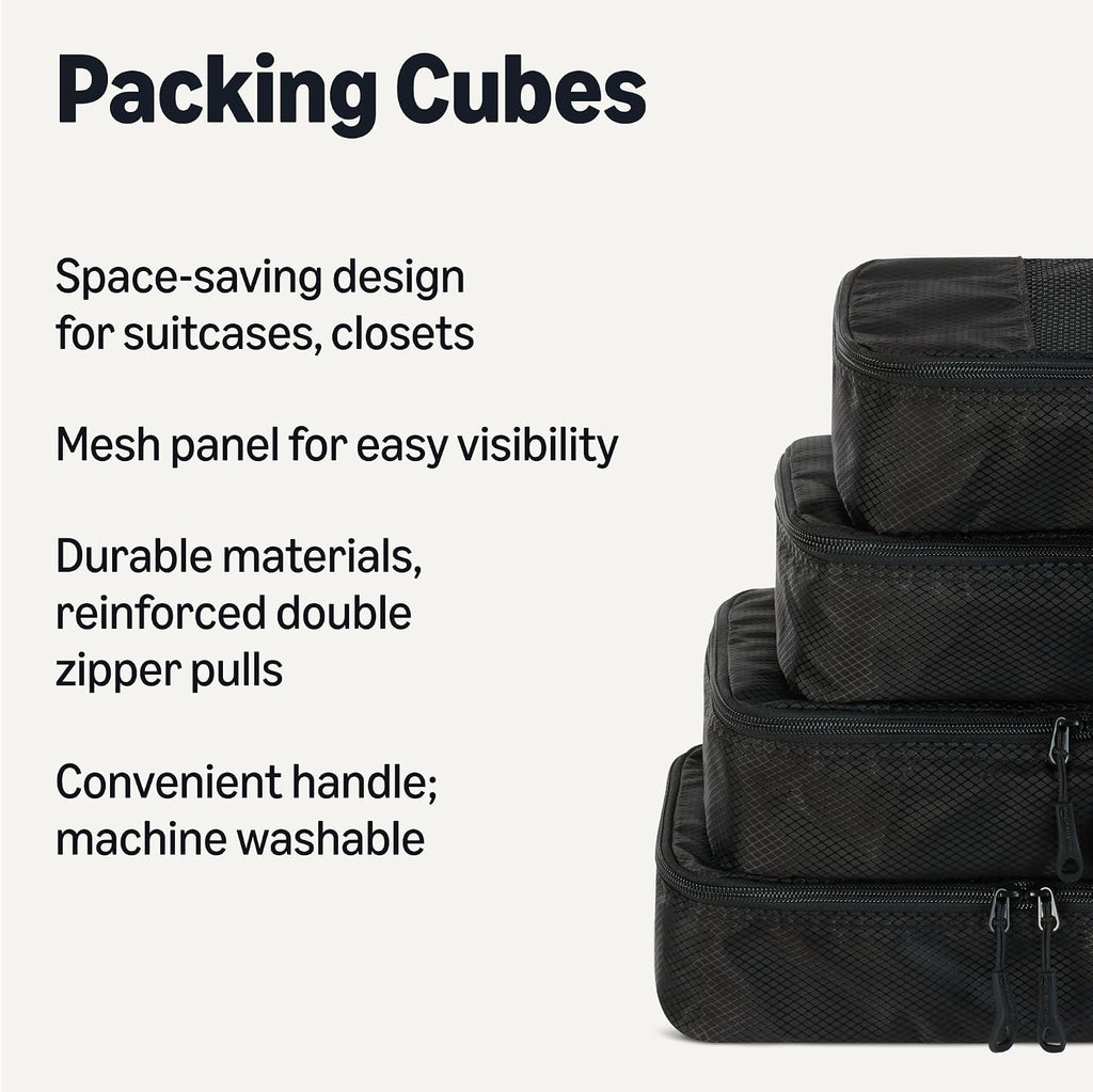 Amazon Essentials 4-Piece Space-Saving Packing Cubes Travel Accessories Set, Luggage Organizer with Double Zipper, Mesh Top, Small, Black (Previously Amazon Basics)