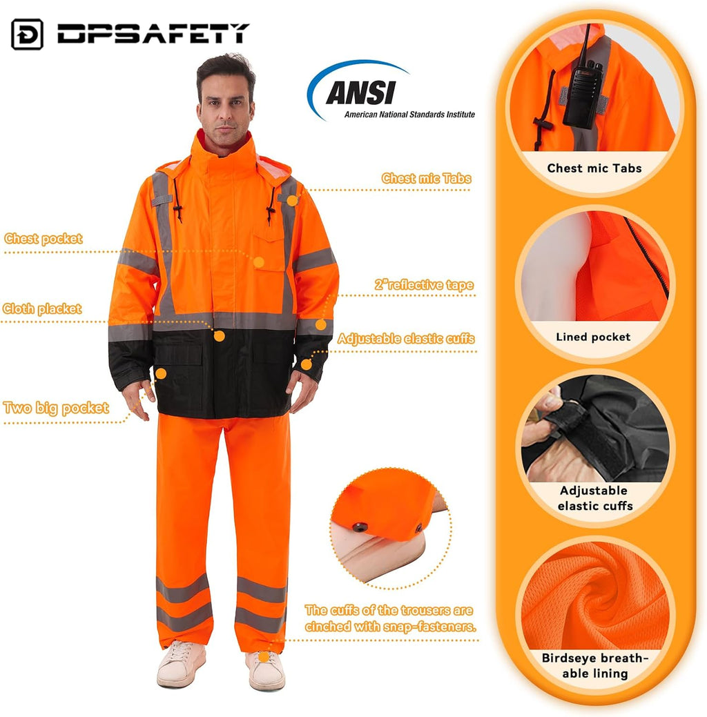 Hi Vis Safety rain Jacket，Reflective Class 3 Rain coat with Inner Mesh Lining and Pockets High Visibility Waterproof work Rain Suits for men&women（Tangerine,4XL/5XL）
