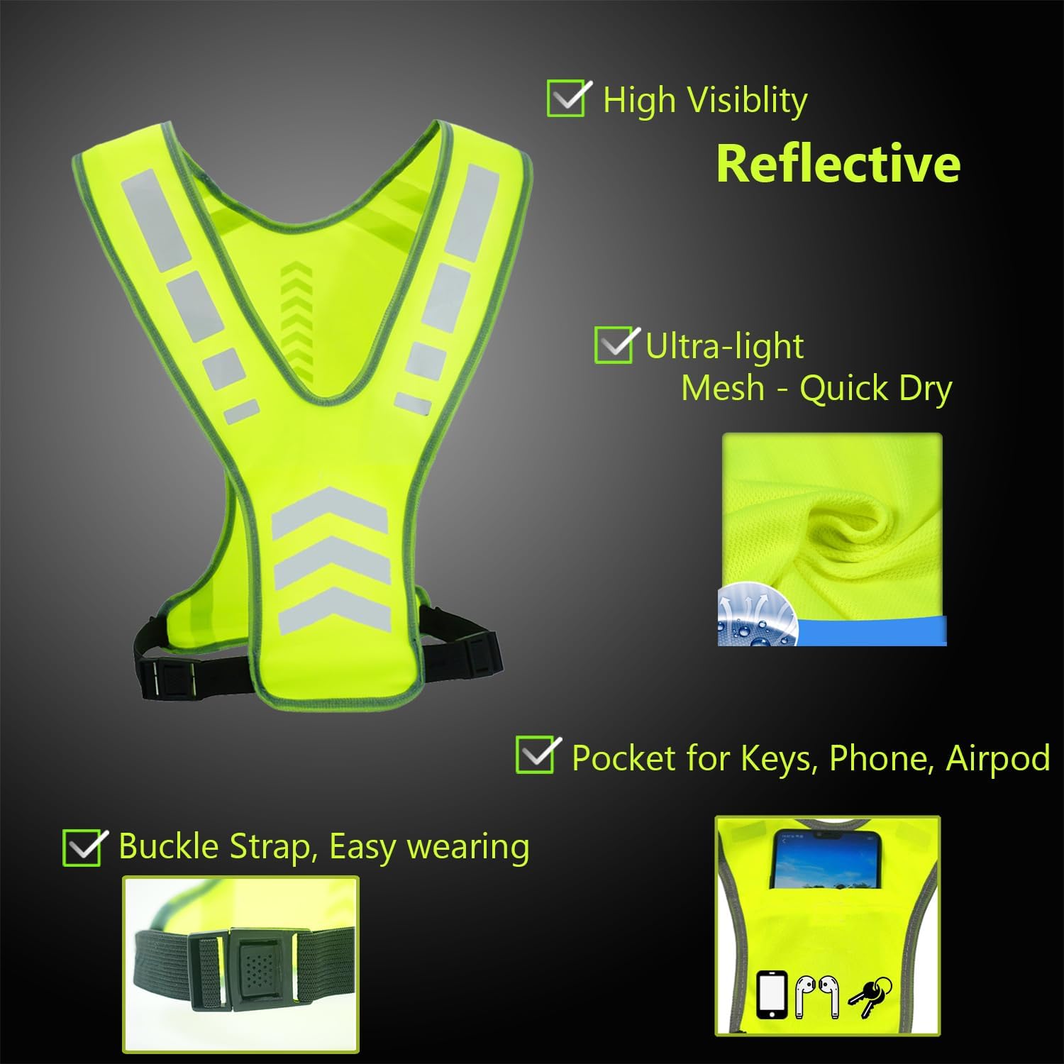 Reflective Running Vest Gear with Pocket for Women Men Kids, Safety Reflective Vest Bands for Night Cycling Walking Bicycle Jogging