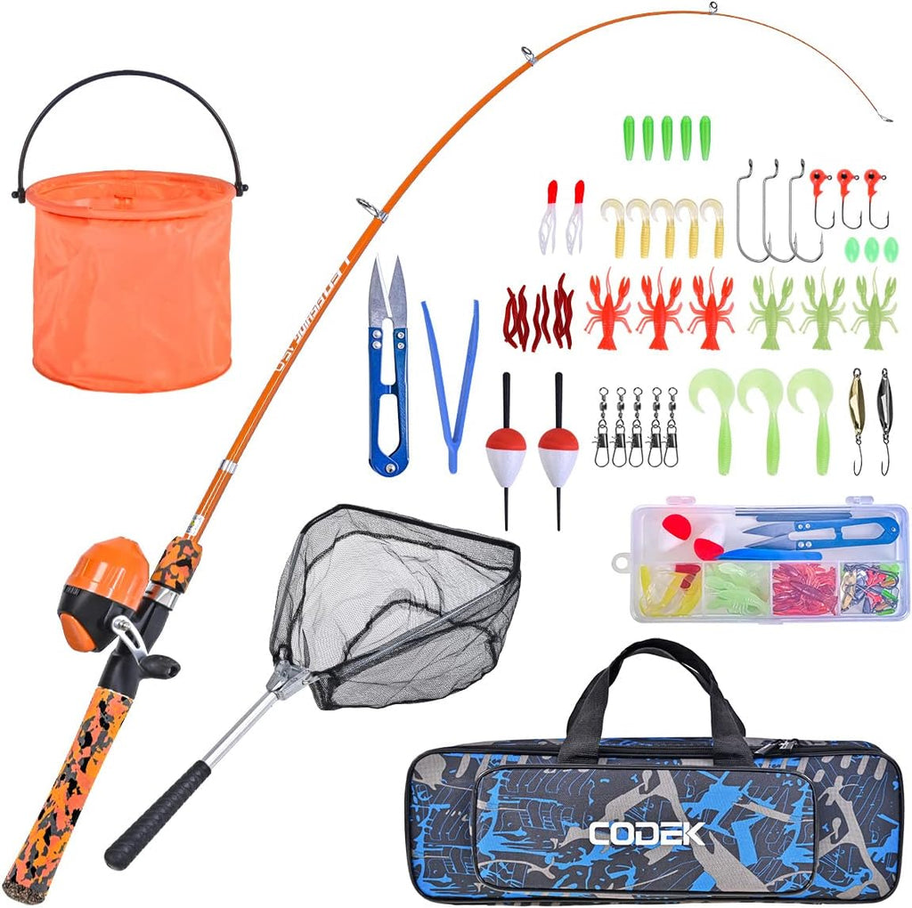CODEK Kids Fishing Pole Set with Full Starter Kits 2 Set Portable Telescopic Fishing Rod and Spincast Reel Cambos with a Fishing Net and 2 Buckets for Boys Girls and Youth