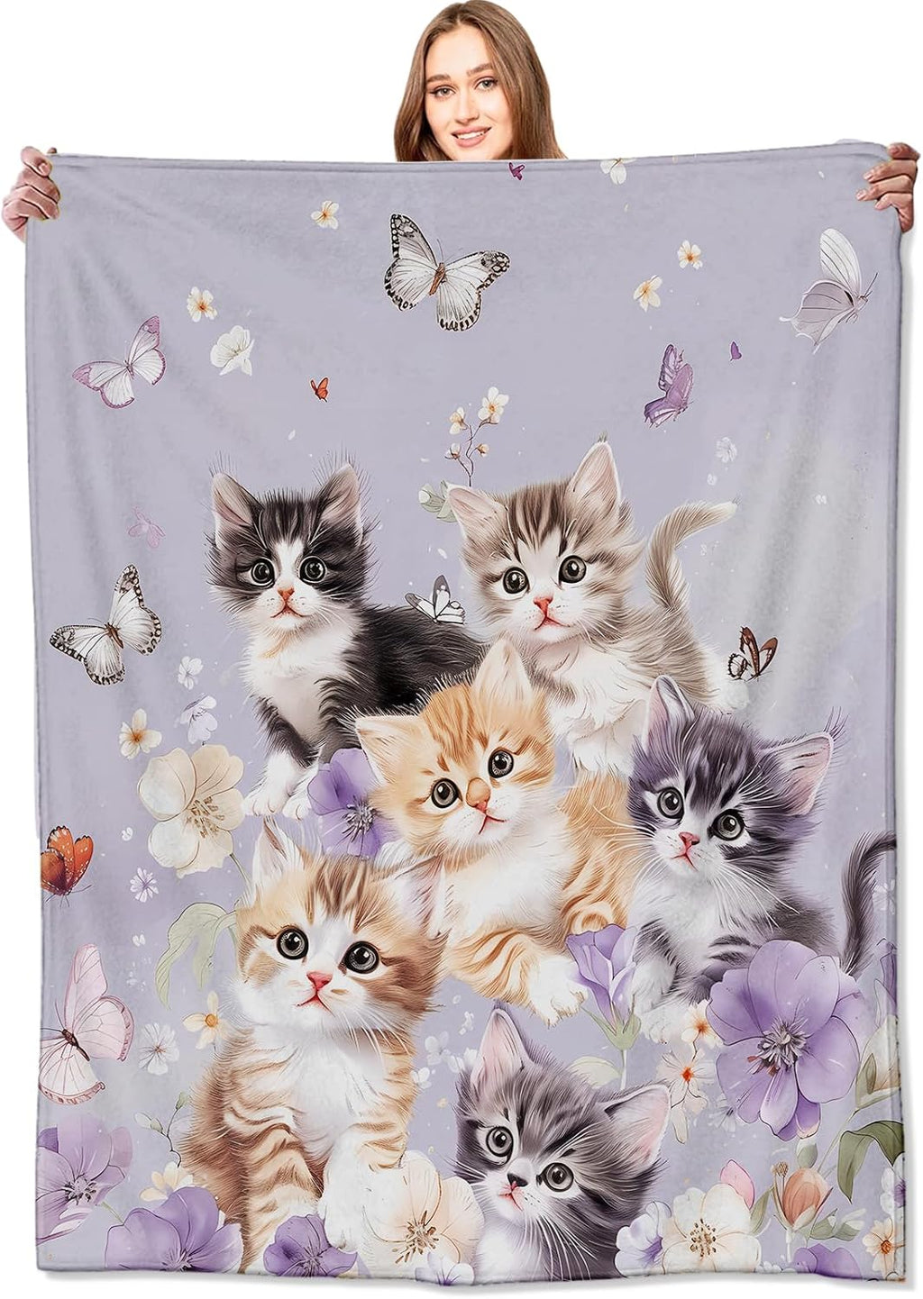 Adorable Kitten Blanket Cute Cat and Butterfly on Lavender Throw Blankets Gifts for Girls Women Adults Lightweight Soft Fleece Cozy for Sofa Couch Bed Room Travel Birthday Decor 50x60in