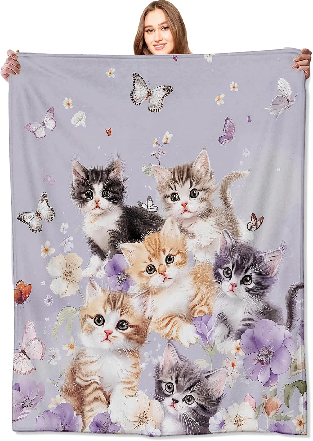 Adorable Kitten Blanket Cute Cat and Butterfly on Lavender Throw Blankets Gifts for Girls Women Adults Lightweight Soft Fleece Cozy for Sofa Couch Bed Room Travel Birthday Decor 50x60in