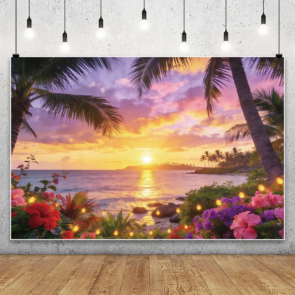 Summer Hawaii Beach Backdrop 10x8ft Tropical Luau Seaside Sunset Palm Flower Photography Background for Summer Holiday Travel Birthday Wedding Party Decoration Supplies Banner Photo Props
