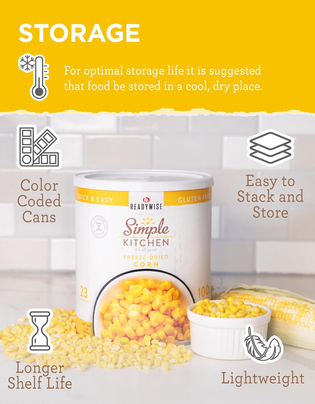 SIMPLE KITCHEN Freeze Dried Sweet Corn #10 Can, 23 Servings, Camping Food