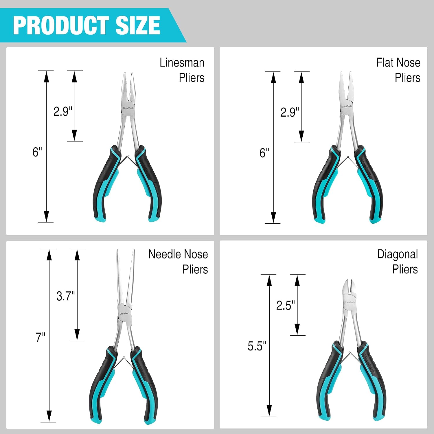 DURATECH 4PCS Long Reach Pliers Set with Pouch, Mini Extra Long Pliers Set