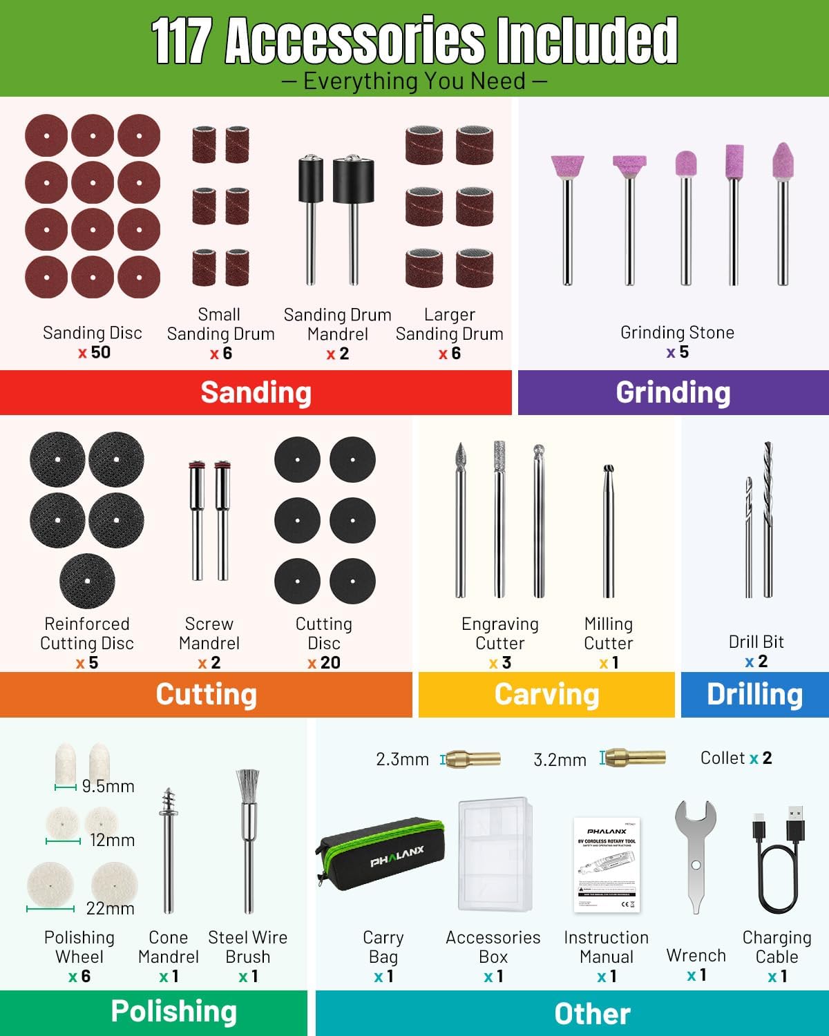 PHALANX Cordless Rotary Tool Kit | 5,000-30,000 RPM/5 Speed, 8V Engraving Pen with 117 Accessories, USB-C, LED Light for 3D Printer Sanding, Polishing, Engraving, Wood Carving, DIY Crafts