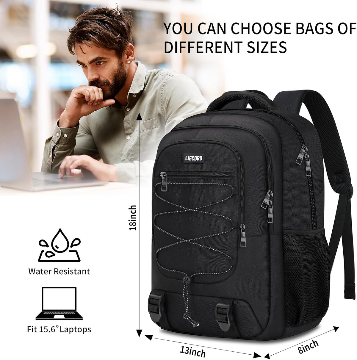 Black School Backpacks for Boys Teens, Backpack for Men,15.6 inch Laptop Back Pack with Reinforced Straps, Large College Book Bag, Business Work Travel Bookbag