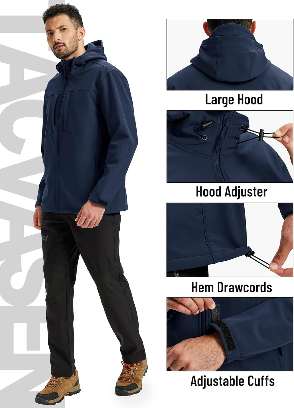 TACVASEN Men's Hooded Softshell Waterproof Fleece Lined Lightweight Jackets
