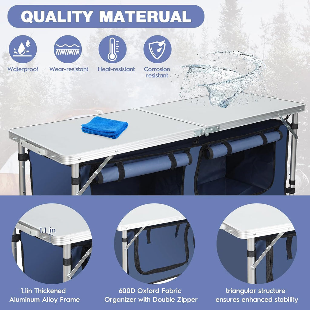 Outdoor Folding Camping Table with Storage Organizer(Blue)