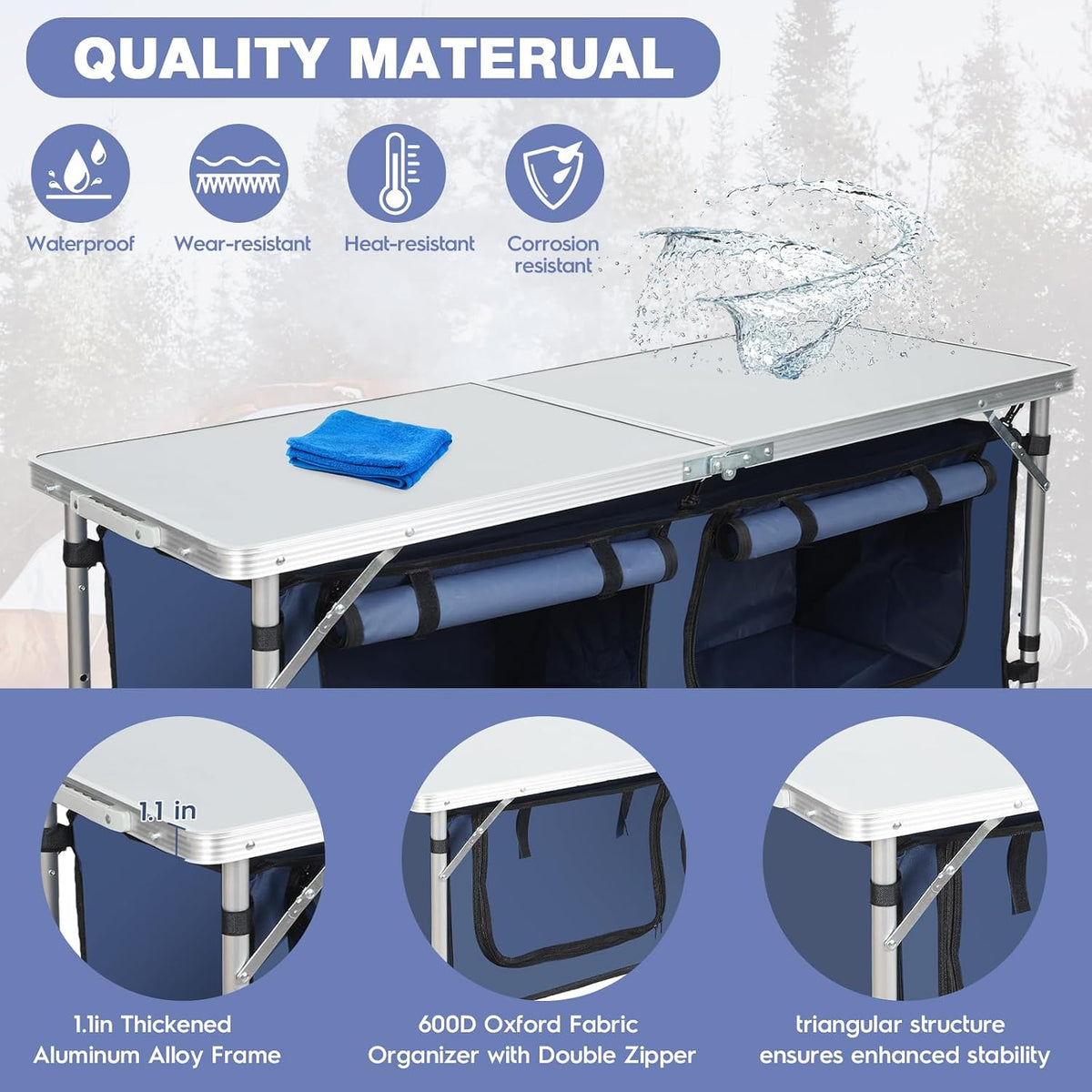 Outdoor Folding Camping Table with Storage Organizer(Blue)