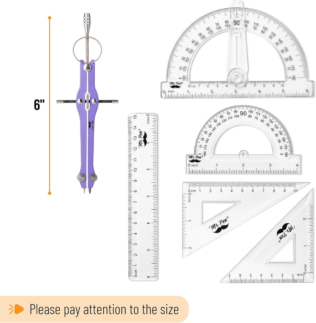 Mr. Pen- Geometry Set, 15 pcs, Purple, 6 Inch Swing Arm Protractor, Divider