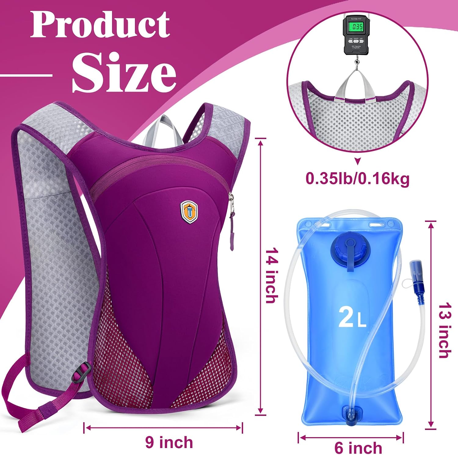 Hydration Backpack with 2L Water Bladder Bag, Lightweight and Breathable Running Vest for Men, Adjustable Chest Straps Water Pack for Cycling Hiking Climbing Outdoor