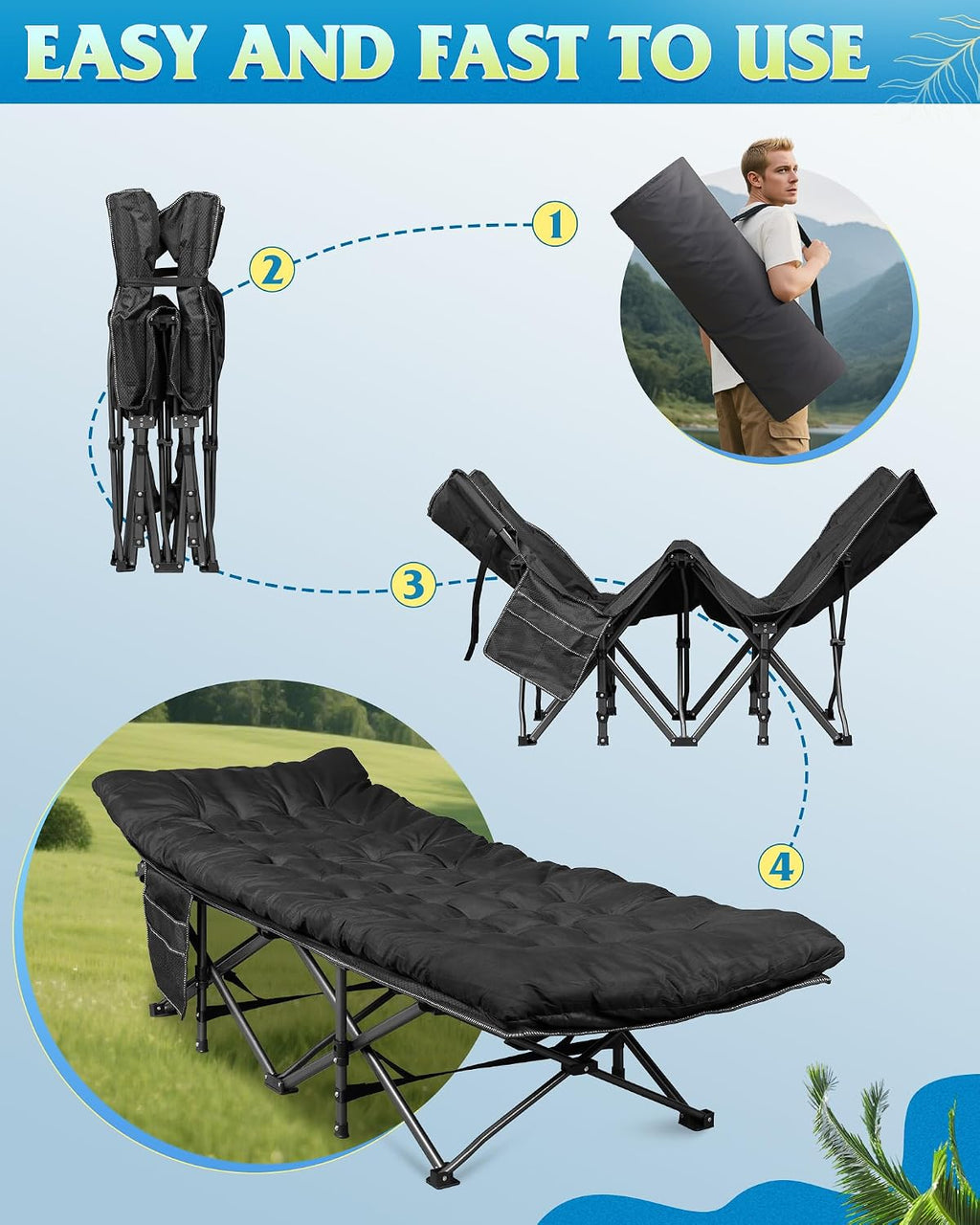 WLIVE Folding 1200D Oxford Camping Cots with Mattress for Adults Sleeping