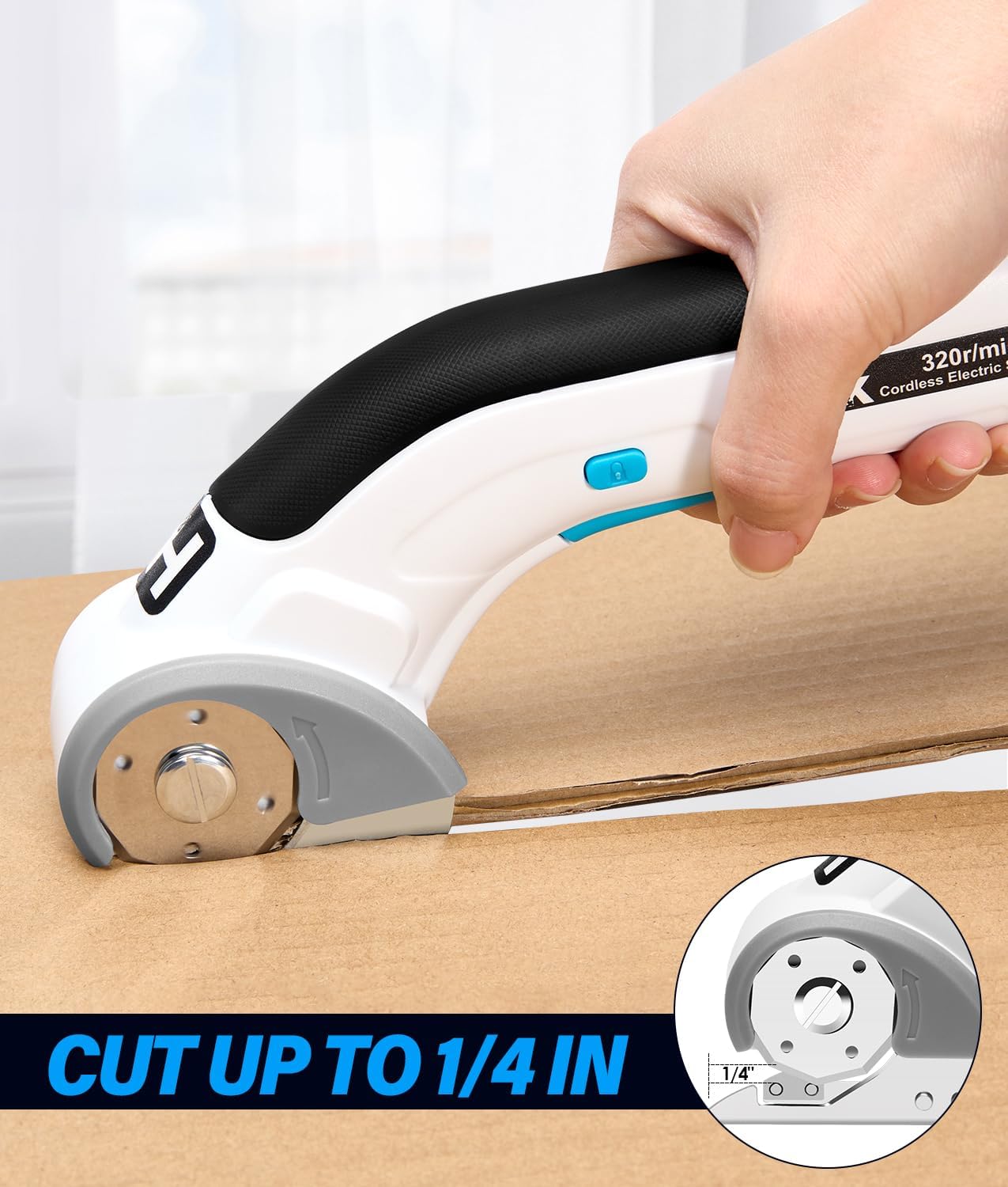 HK Cordless Electric Scissors, 4V Electric Box Cutter, Carpet & Cardboard Cutter with a Replacement Blade/Charger, Rotary Cutter for Cardboard Packages Leather Plastic (White)