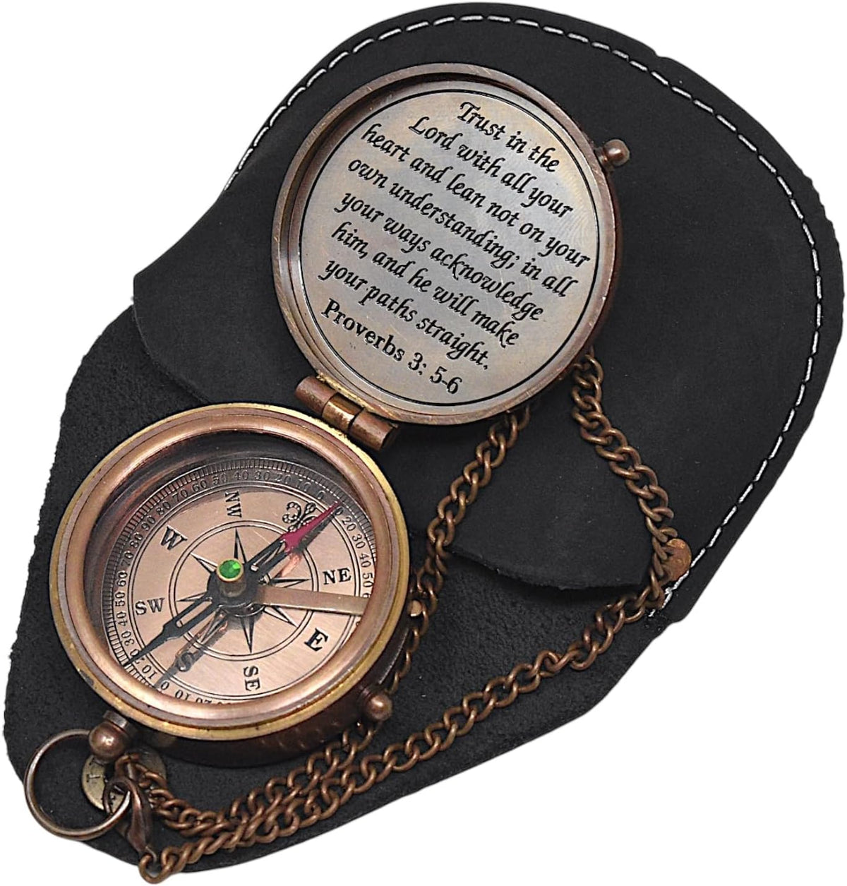 Proverbs 3: 5-6 Engraved Compass Gift for Men, Trust In The Lord Inscription Compasses Graduation Gift, Confirmation Gift, Baptism Religious Gift, Communion Survival Brass Compass With Leather Case