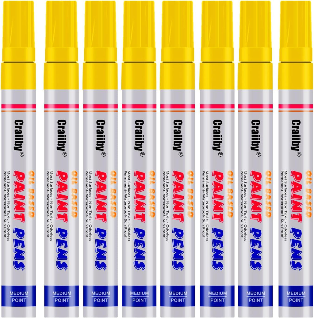 Yellow Paint Markers, 8 Pack Oil-Based Waterproof Quick Dry Permanent Paint Pen Set for Rocks Painting, Wood, Fabric, Plastic, Canvas, Glass, Mugs, Metal, Tire, Stone, DIY Craft