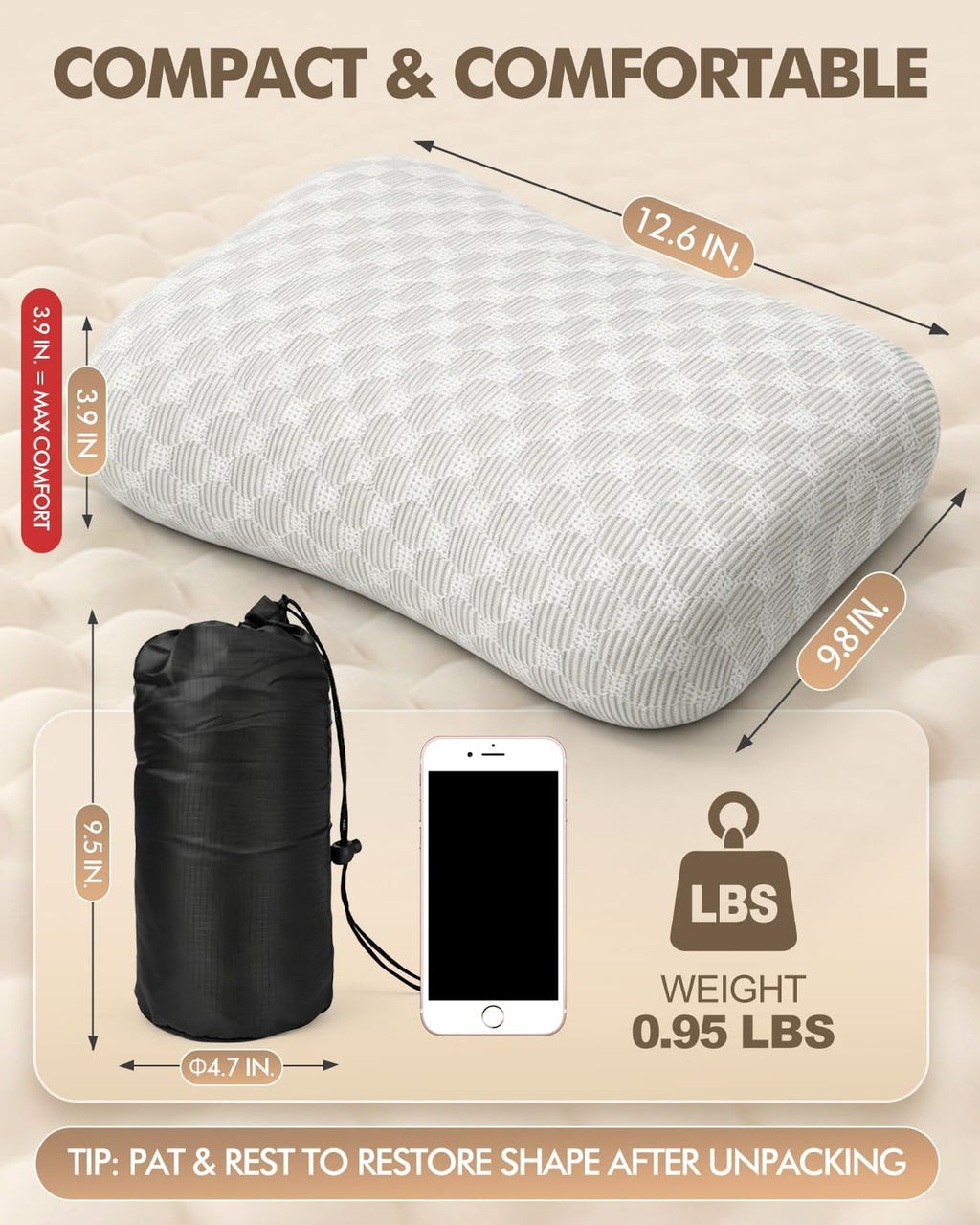 Travel & Camping Memory Foam Pillow, Compressible Portable Camp Pillow with Breathable Removable Cover, Soft & Firm Dual Comfort, Compact Backpacking Pillow for Tent & Outdoor Travel
