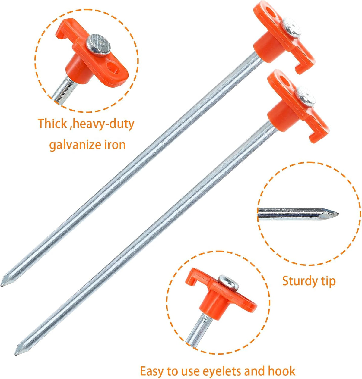Yesland 24 Pack Tent Stake with Pull Hook Heavy Duty, 10 Inch Non-Rust Metal Tent Pegs Ground Yard Stake Tent Spikes for Camping Patio, Garden, Canopies, Grassland, Outdoor, Hiking, Orange