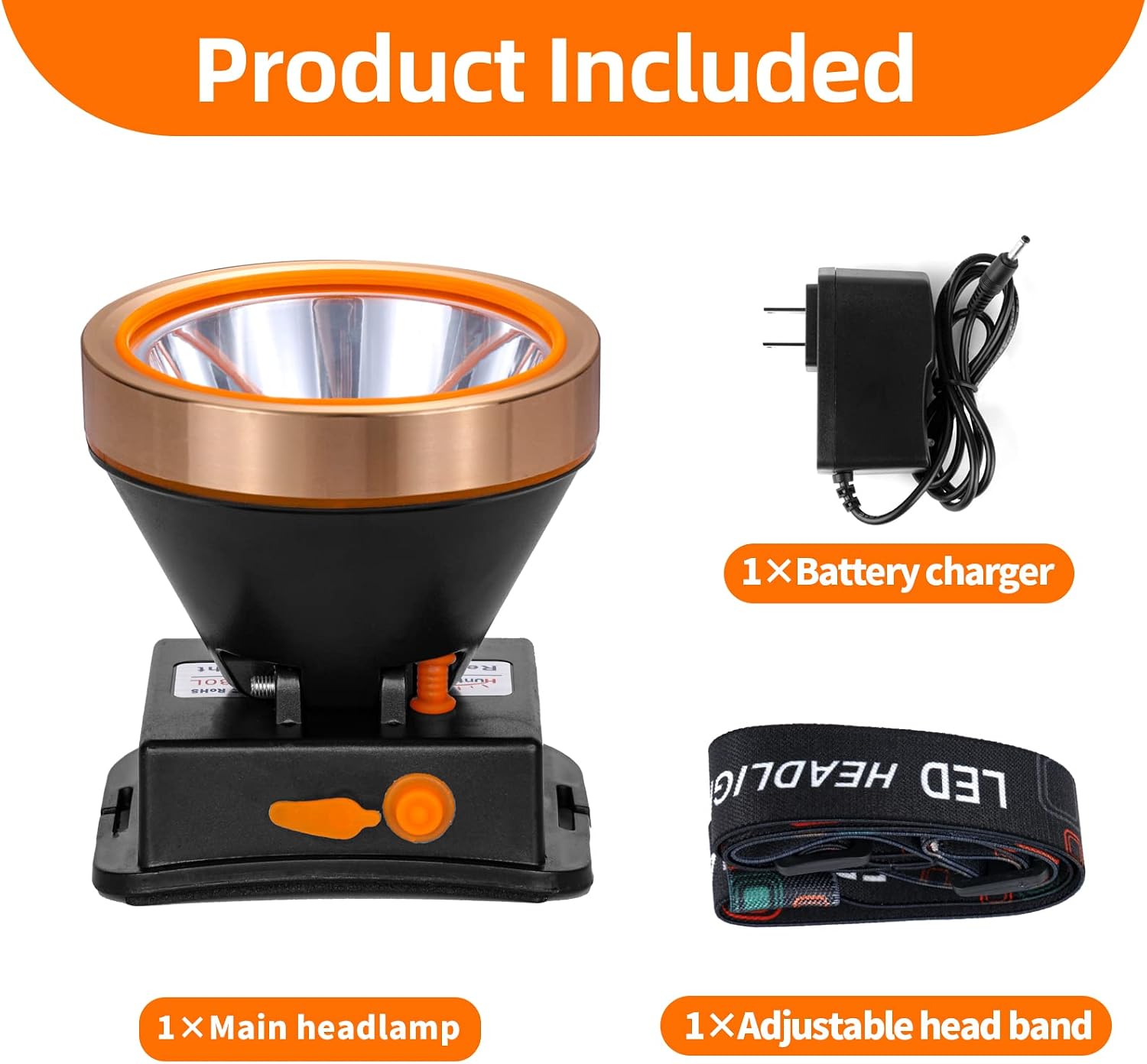 Superbright LED Rechargeable Headlamp,High Power 2 Light Modes Waterproof Headlight Adjustable Gold Head Troch Lamp for Hunting Fishing Hiking(Yellow Light)