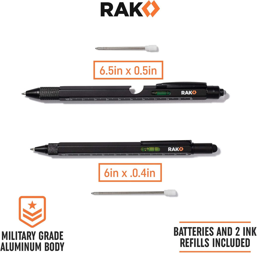 RAK Multitool Pen - Multi-Tool Pen Set 11 in 1, LED Light, Screwdrivers, Level, Ruler, Bottle Opener, and Stylus. Cool Gadgets Gifts for Men, Dad, EDC Tactical Pen Tool, Gift-Ready Box, Pack of 2