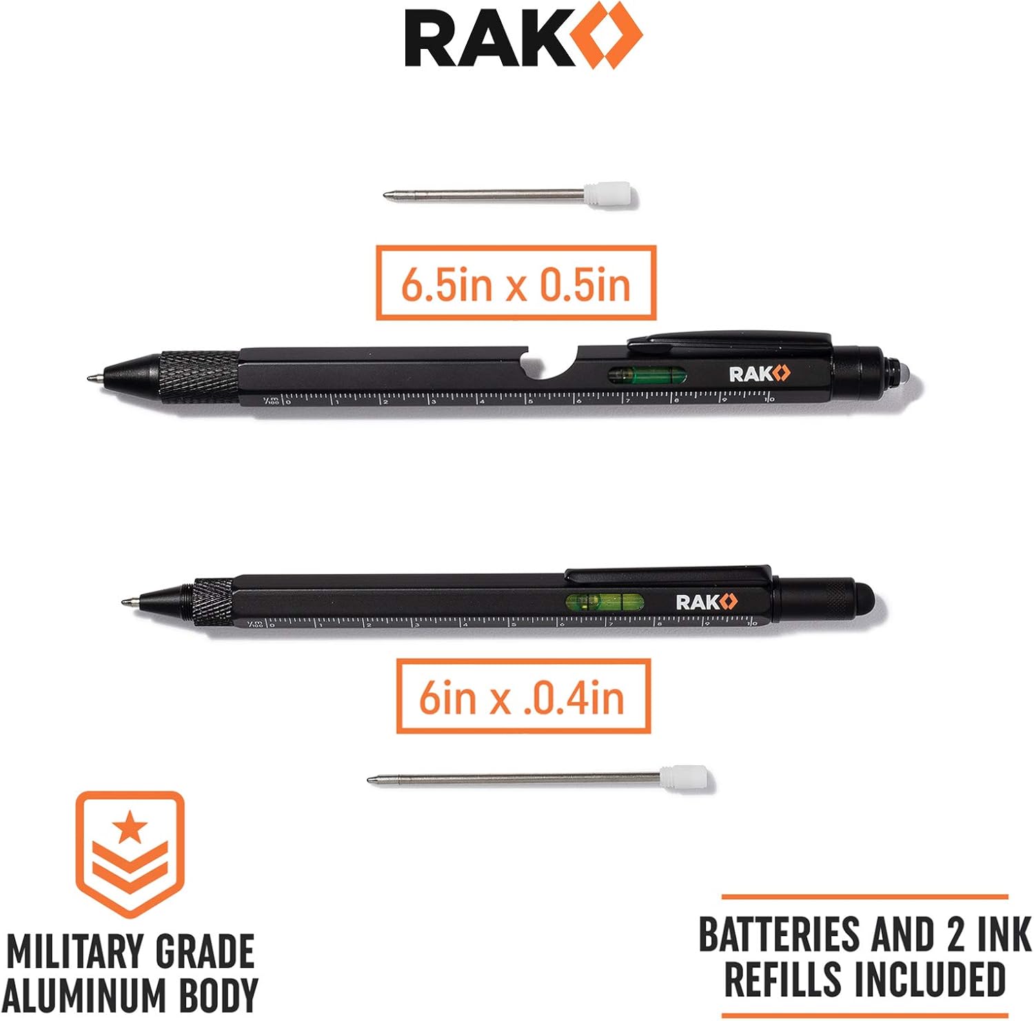 RAK Multitool Pen - Multi-Tool Pen Set 11 in 1, LED Light, Screwdrivers, Level, Ruler, Bottle Opener, and Stylus. Cool Gadgets Gifts for Men, Dad, EDC Tactical Pen Tool, Gift-Ready Box, Pack of 2
