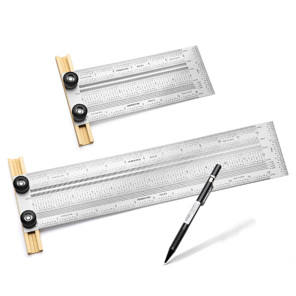 POWERTEC 6'' & 12'' Stainless Steel Precision Marking T-Square, T Rule w/Pencil for Measuring, Scribing, Setting Up Bits Height, Woodworking & Crafting Marking Tools for Drill Press,Table Saw 80032