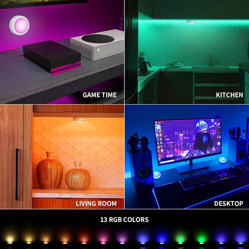 Push Lights with Remote 6-Piece Battery-Powered LED Hockey Puck Lights, Wireless Under-Cabinet & Baseboard Illumination, Dimmable & Color-Changing (6 Pack White, Color)