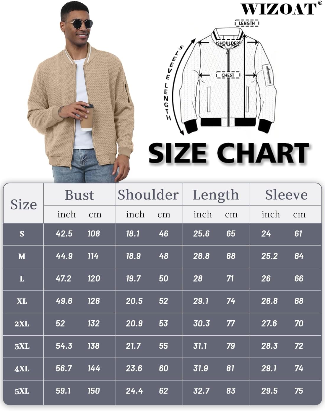 Wizoat Mens Casual Jacket Loose Fit Lightweight Jacket Varsity Bomber Jacket with Zipper