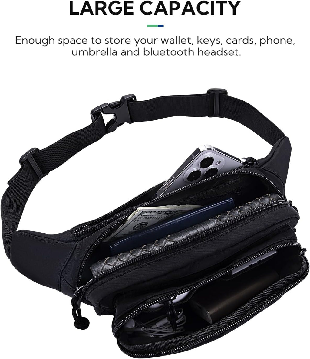 WATERFLY Fanny Pack Waist Bag: 2.5L Large 5 Zipper Pockets for Women Men