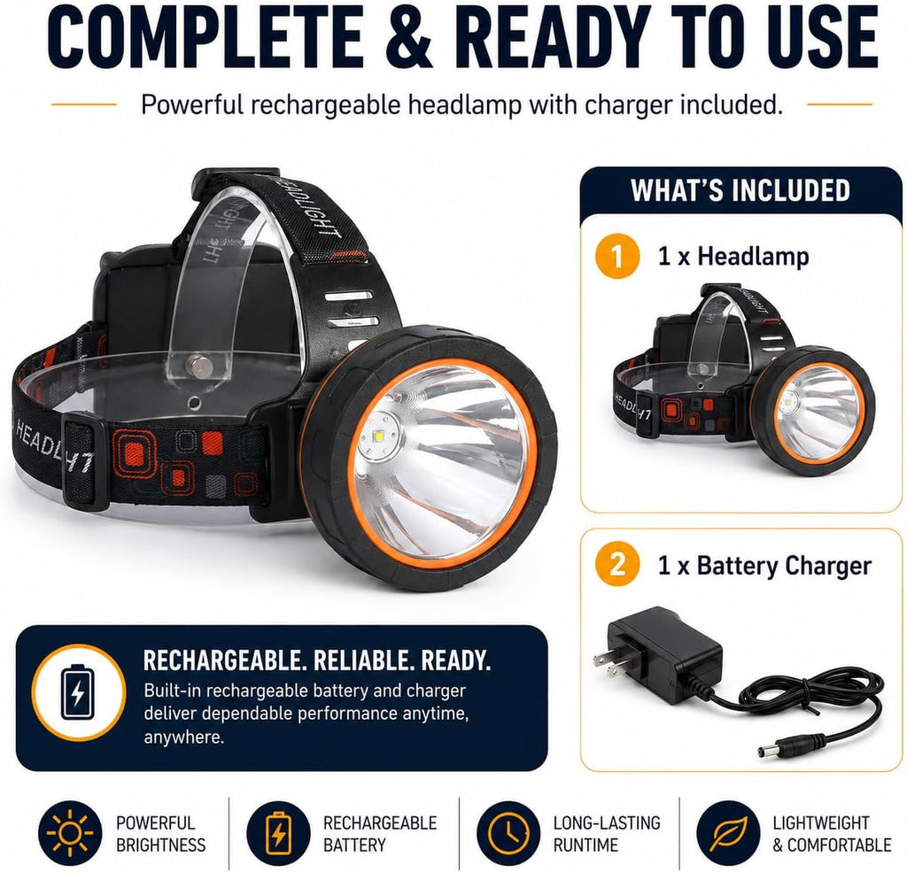 Super Bright Rechargeable Coon Hunting Headlamp, LED Spotlight Head Torch with Power Supply, Waterproof Headlight Flashlight for Outdoor Hunting, Fishing, Hiking, Camping, Night Work